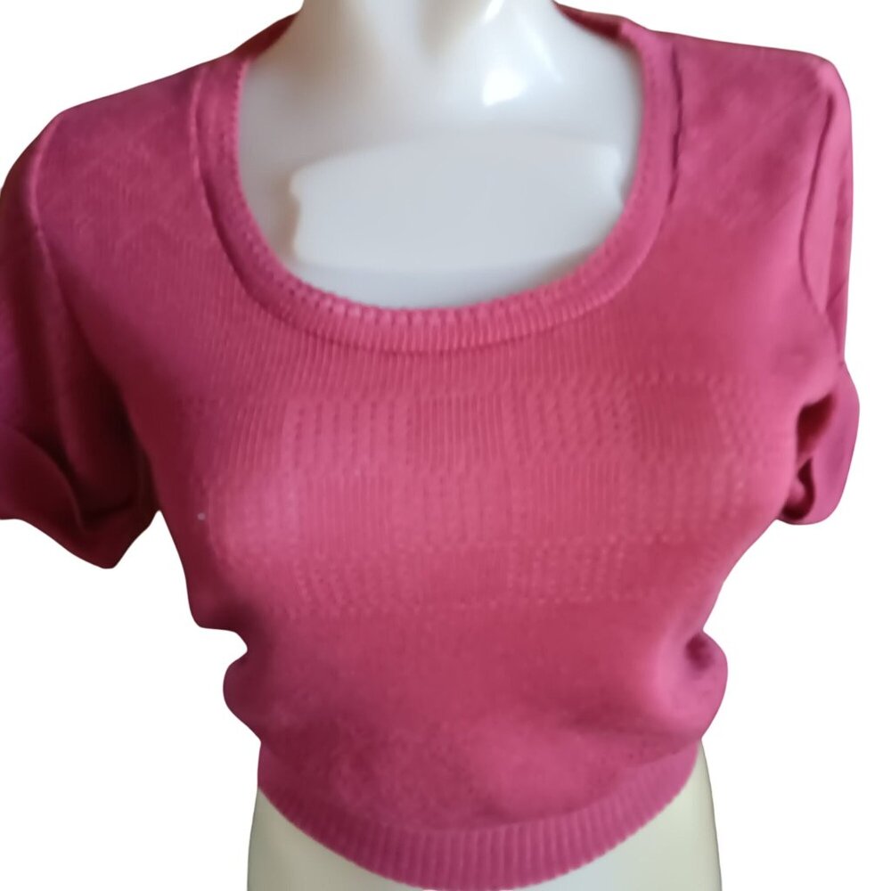 Vintage Women's Small Sweater Disco Cropped 70's Garland Pink Knit Short-Sleeve